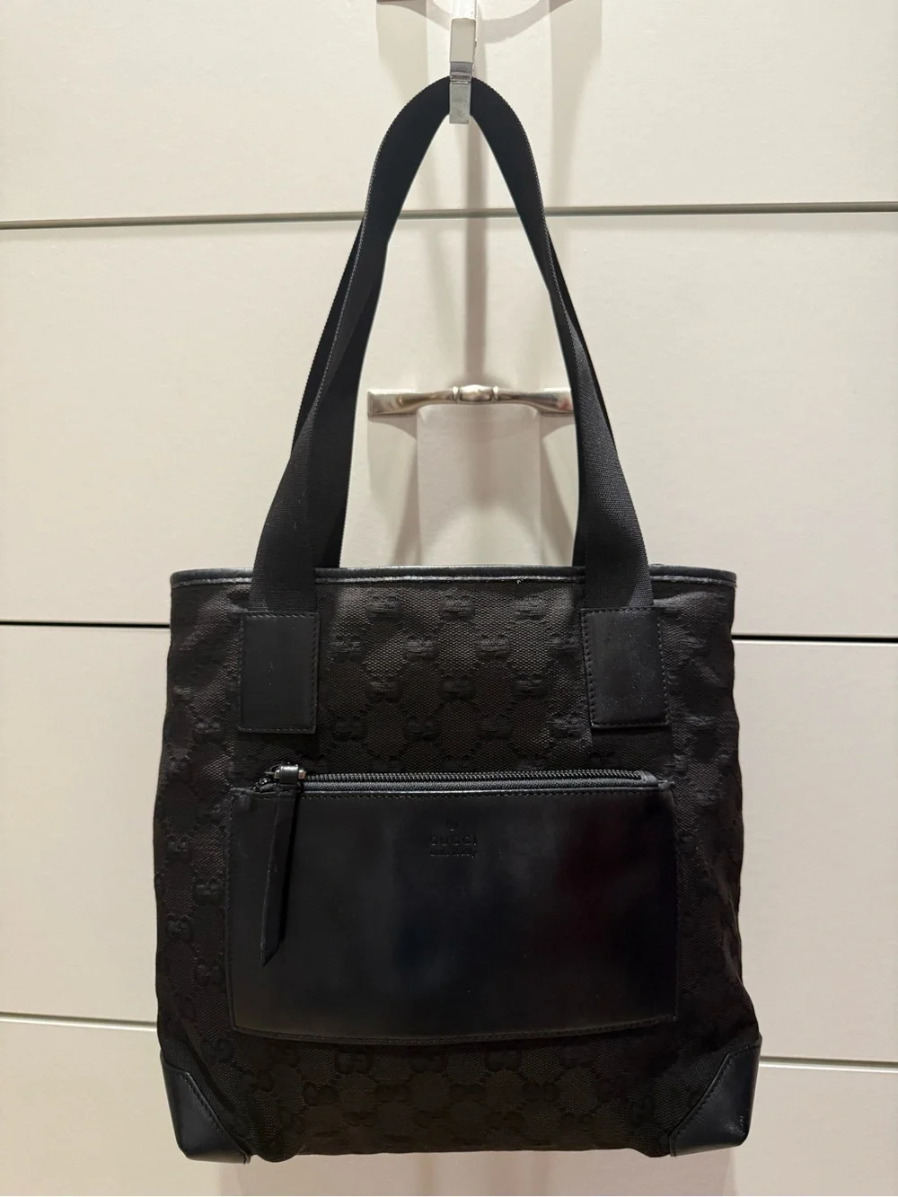 Gucci Black Monogrammed Tote with Front Zip Pocket